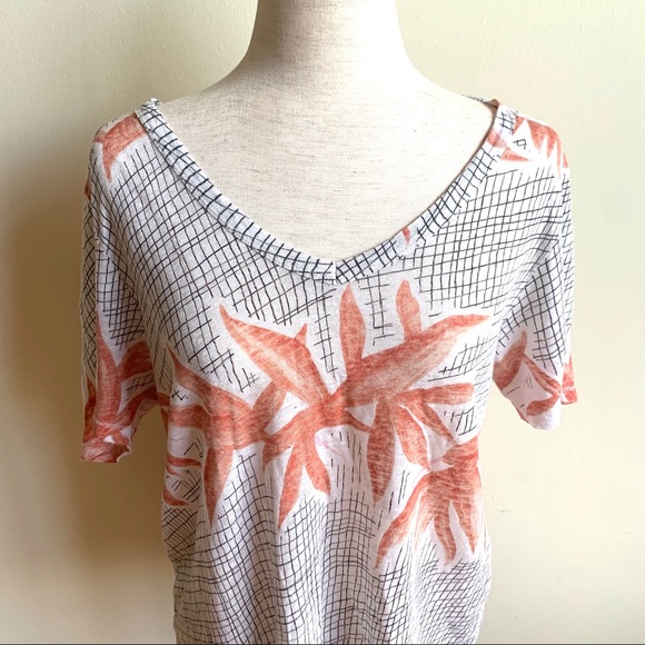 ZARA W&B Tropical floral linen tee Cream, coral, black patterned top Medium - Picture 7 of 9